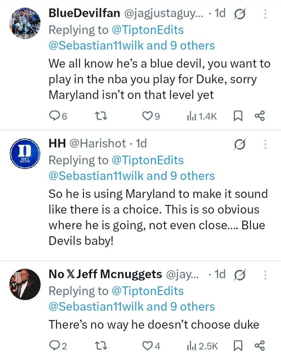 Hoops fans react to Sebastian Wilkins' decision between Duke and Maryland. (Images via X @TiptonEdits)